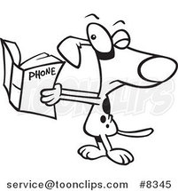 Cartoon Black and White Line Drawing of a Dog Squinting at a Phone Book by Toonaday