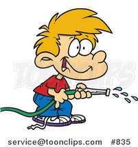 Cartoon Boy Using a Garden Hose to Water by Toonaday