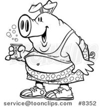 Cartoon Black and White Line Drawing of a Party Pig Holding Beer by Toonaday