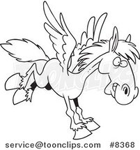 Cartoon Black and White Line Drawing of a Winged Horse Flying by Toonaday
