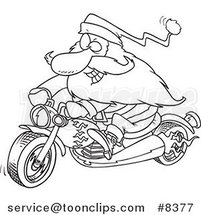 Cartoon Black and White Line Drawing of a Biker Santa on a Motorcycle by Toonaday