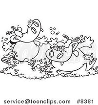 Cartoon Black and White Line Drawing of Party Hippos Playing in Bubbles by Toonaday