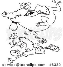 Cartoon Black and White Line Drawing of a Crocodile Stomping on a Hunter by Toonaday