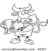 Cartoon Black and White Line Drawing of a Sports Bull Holding a Trophy Cup by Toonaday