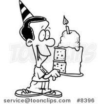Cartoon Black and White Line Drawing of a Black Birthday Boy Holding a Slice of Cake by Toonaday