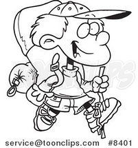 Cartoon Black and White Line Drawing of a Hiking Boy with Camping Gear by Toonaday