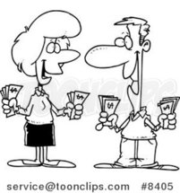 Cartoon Black and White Line Drawing of a Wealthy Couple Holding Cash by Toonaday