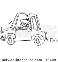 Cartoon Black and White Line Drawing of a Business Man Talking on a Phone and Driving by Toonaday