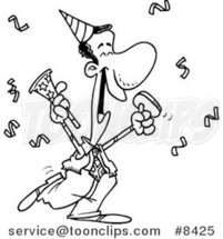 Cartoon Black and White Line Drawing of a Black Business Man Celebrating at a Party by Toonaday