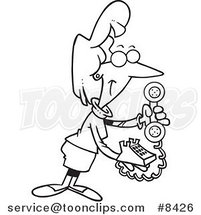 Cartoon Black and White Line Drawing of a Business Woman Holding a Desk Phone by Toonaday
