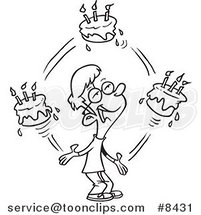 Cartoon Black and White Line Drawing of a Birthday Boy Juggling Cakes by Toonaday
