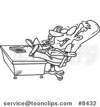 Cartoon Black and White Line Drawing of a Chatty Business Man with His Feet on His Desk by Toonaday