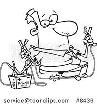 Cartoon Black and White Line Drawing of a Business Man Using Jumper Cables by Toonaday