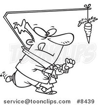 Cartoon Black and White Line Drawing of a Business Man Chasing a Carrot Lead by Toonaday