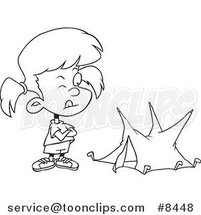 Cartoon Black and White Line Drawing of a Girl with a Tiny Tent by Toonaday