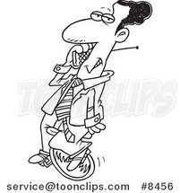 Cartoon Black and White Line Drawing of a Black Business Man Talking on a Cell Phone on Unicycle by Toonaday