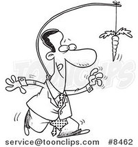 Cartoon Black and White Line Drawing of a Black Business Man Chasing After a Carrot on a Stick by Toonaday