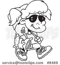 Cartoon Black and White Line Drawing of a Camper Girl Carrying Her Gear by Toonaday