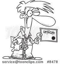Cartoon Black and White Line Drawing of a Business Man Holding a Certificate by Toonaday