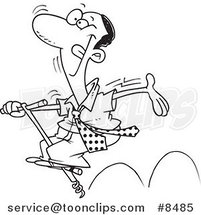 Cartoon Black and White Line Drawing of a Carefree Black Business Man Jumping on a Pogo Stick by Toonaday