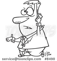 Cartoon Black and White Line Drawing of a Walking Business Man Talking on a Cell Phone by Toonaday