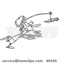 Cartoon Black and White Line Drawing of a Business Woman Chasing After a Carrot by Toonaday