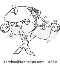 Cartoon Line Art Design of a Fish Lifting Weights and Wearing a Fish for Life Shirt by Toonaday