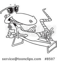 Cartoon Black and White Line Drawing of a Sun Bathing Lizard by Toonaday