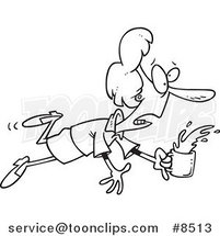 Cartoon Black and White Line Drawing of a Stumbling Business Woman Spilling Coffee by Toonaday