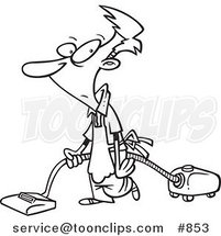 Cartoon Line Art Design of a Whipped Guy Vacuuming and Wearing an Apron by Toonaday