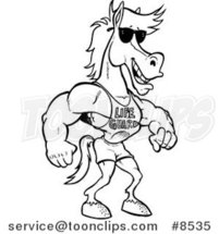 Cartoon Black and White Line Drawing of a Studly Lifeguard Horse by Toonaday