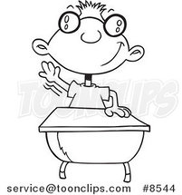 Cartoon Black and White Line Drawing of a Geeky School Boy Raising His Hand by Toonaday
