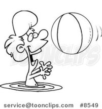 Cartoon Black and White Line Drawing of a Boy Playing with a Beach Ball in the Water by Toonaday