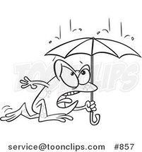 Cartoon Line Art Design of a Frog Dashing Through the Rain with an Umbrella by Toonaday