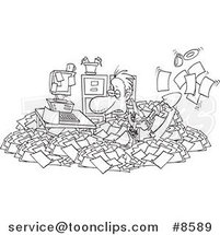 Cartoon Black and White Line Drawing of a Business Man Shoveling Through His Office Clutter by Toonaday