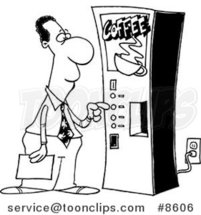 Cartoon Black and White Line Drawing of a Black Business Man Using a Coffee Machine by Toonaday