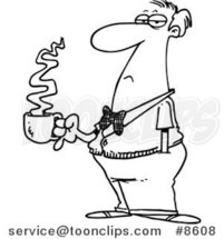 Cartoon Black and White Line Drawing of a Bored Business Man with Coffee by Toonaday