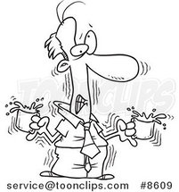 Cartoon Black and White Line Drawing of a Jittery Business Man with Two Cups of Coffee by Toonaday