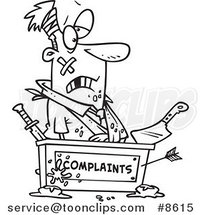 Cartoon Black and White Line Drawing of a Beat up Business Man at a Complaints Desk by Toonaday