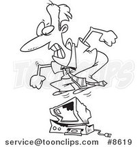 Cartoon Black and White Line Drawing of a Business Man Jumping on a Computer by Toonaday