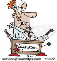 Cartoon Beat up Business Man at a Complaints Desk by Toonaday
