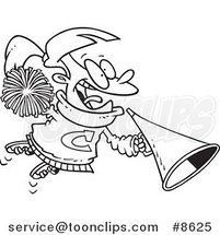 Cartoon Black and White Line Drawing of a Cheerleader Girl with a Cone by Toonaday