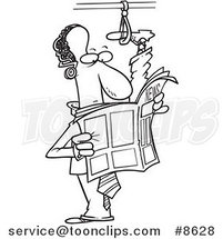 Cartoon Black and White Line Drawing of a Commuting Black Business Man with His Foot up in a Handle by Toonaday