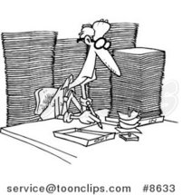 Cartoon Black and White Line Drawing of a Business Man Surrounded by Paperwork by Toonaday