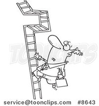 Cartoon Black and White Line Drawing of a Business Man Climbing a Convoluted Ladder by Toonaday
