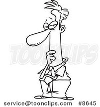 Cartoon Black and White Line Drawing of a Considering Business Man by Toonaday