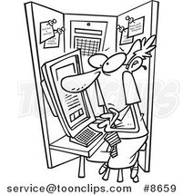 Cartoon Black and White Line Drawing of a Business Man Crammed in a Cubicle by Toonaday
