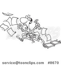 Cartoon Black and White Line Drawing of a Black Business Man Chasing After Paperwork by Toonaday