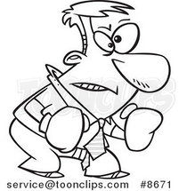Cartoon Black and White Line Drawing of a Confrontational Business Man Wearing Boxing Gloves by Toonaday