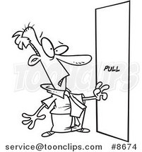 Cartoon Black and White Line Drawing of a Business Man Facing a Door Without a Handle by Toonaday